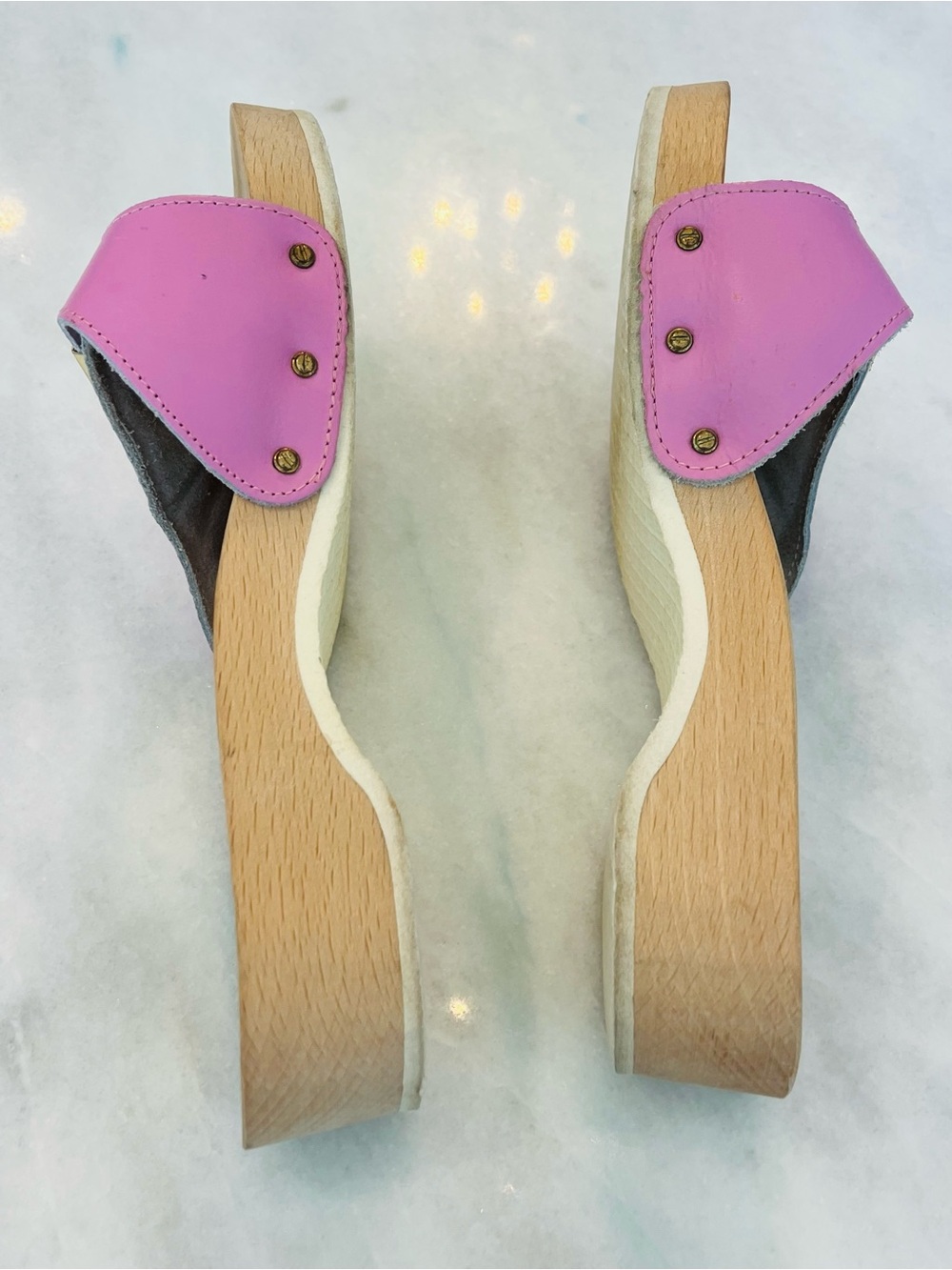 Vintage Dr. Scholl's Original Wood Exercise Pink Leather Slide Sandals Size 8 - Picture 5 of 8